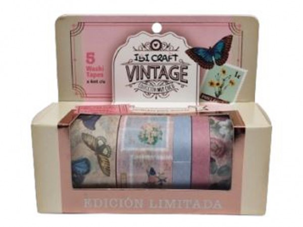 WASHI TAPE BOX 5 ROLLOS 4mt c/u VINTAGE - IBICO